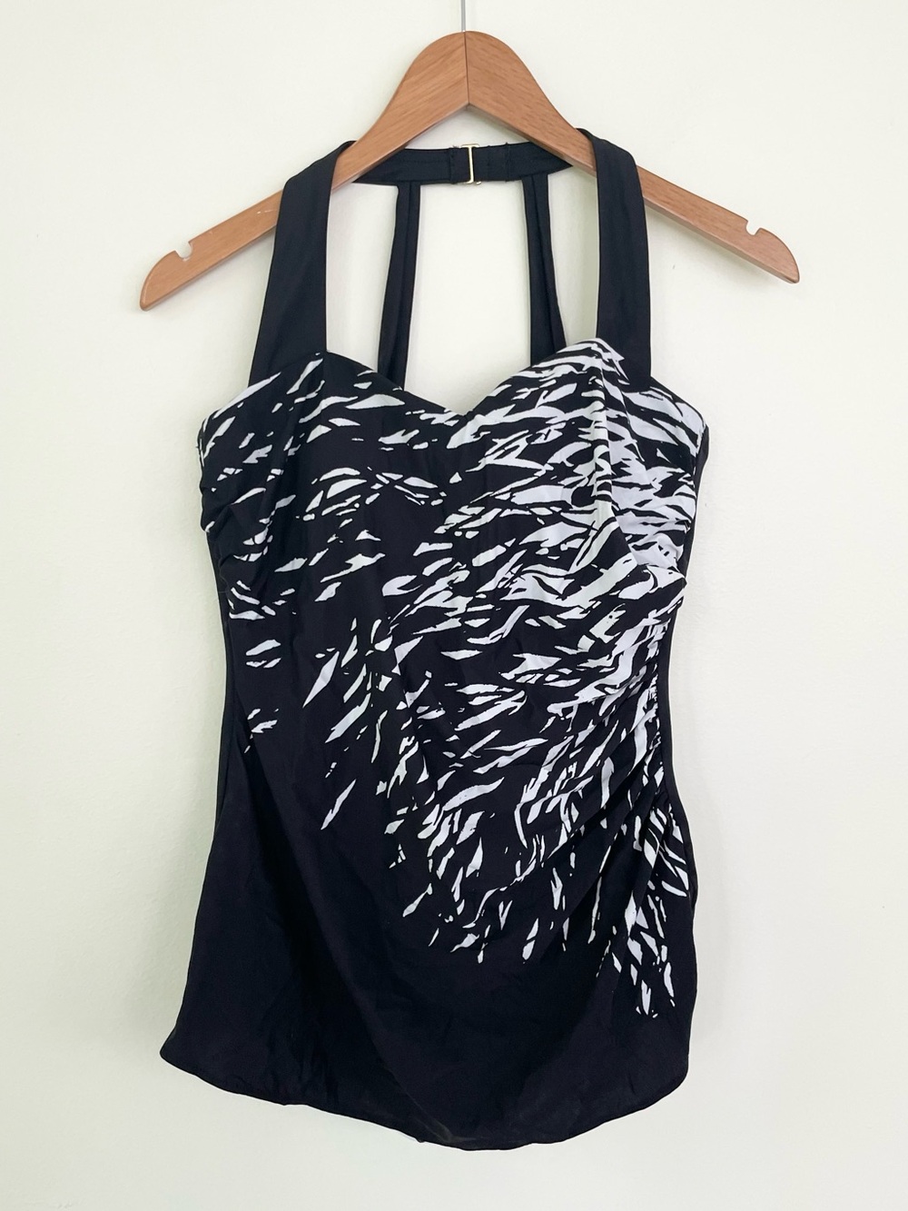 Lands End Black and White Skirt One-Piece Swimsuit 12P Petite Racer Back